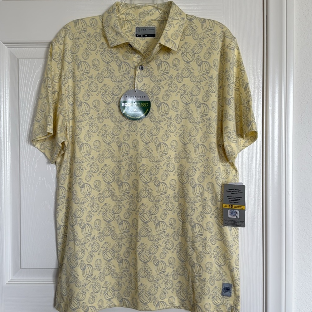 New! PGA TOUR Regular Fit Short Sleeve Polo Shirt Yellow Coconut Water, Size Med